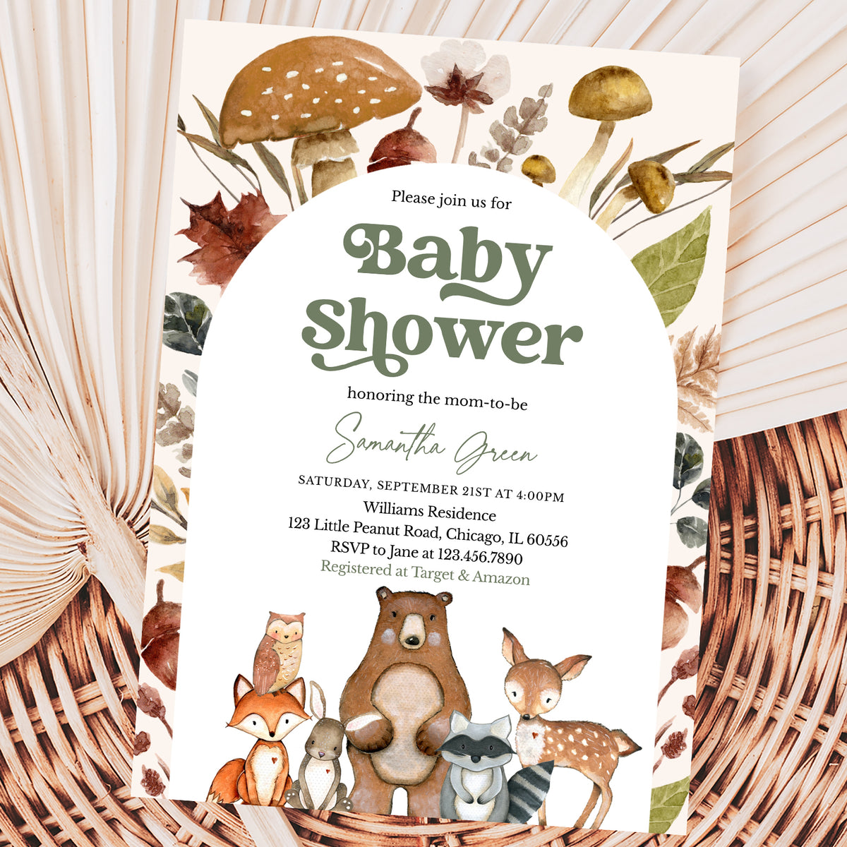 Woodland Fall Baby Shower Invite with Mushrooms Leaves