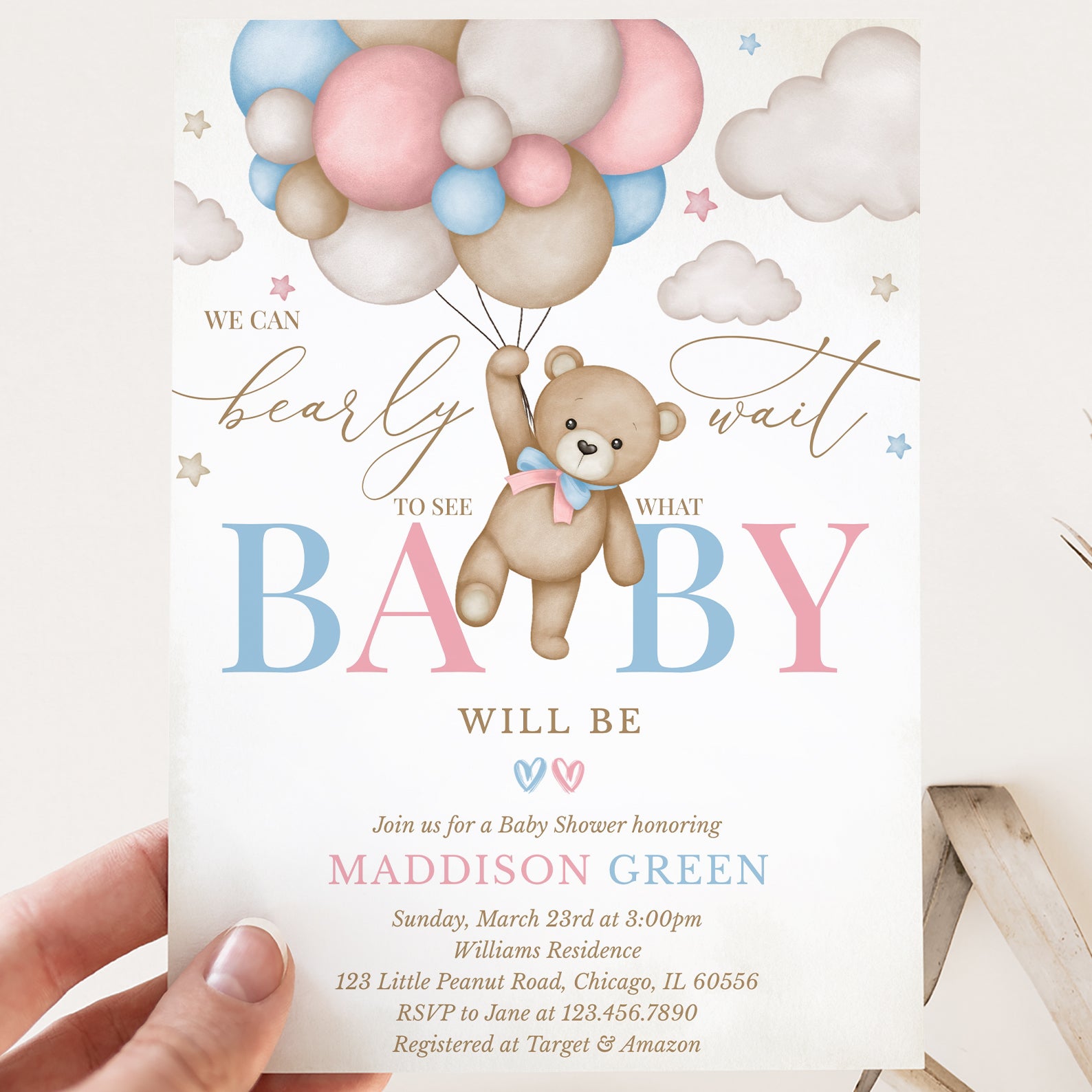 Baby Shower Invitations For Boy Cudwid Baby Shower Invitation, 25 Pink  Floral \u0026 Bear Balloon Fill-In Invites With Envelopes, For Boys And Girls  Baby Announcement, Gender Reveal Party Supplies \u0026 Decorations We, image size:1588x1588