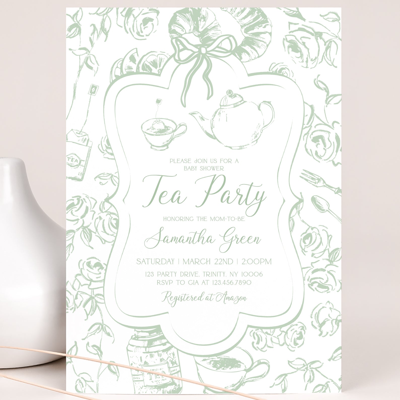 Green Tea Party Baby Shower Invitation with Floral Accents – Blushberrie green-tea-party-baby-shower-invitation-with-floral-accents-blushberrie