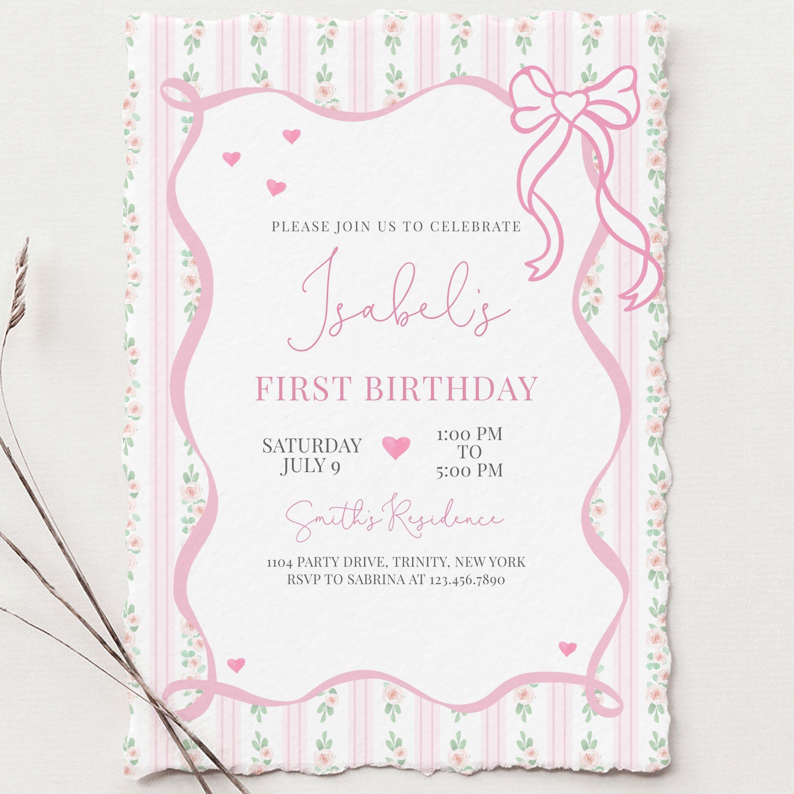 ୨୧RIBBON୨୧ページ Pink Floral First Birthday Invite: Coquette Ribbon Theme – Blushberrie
