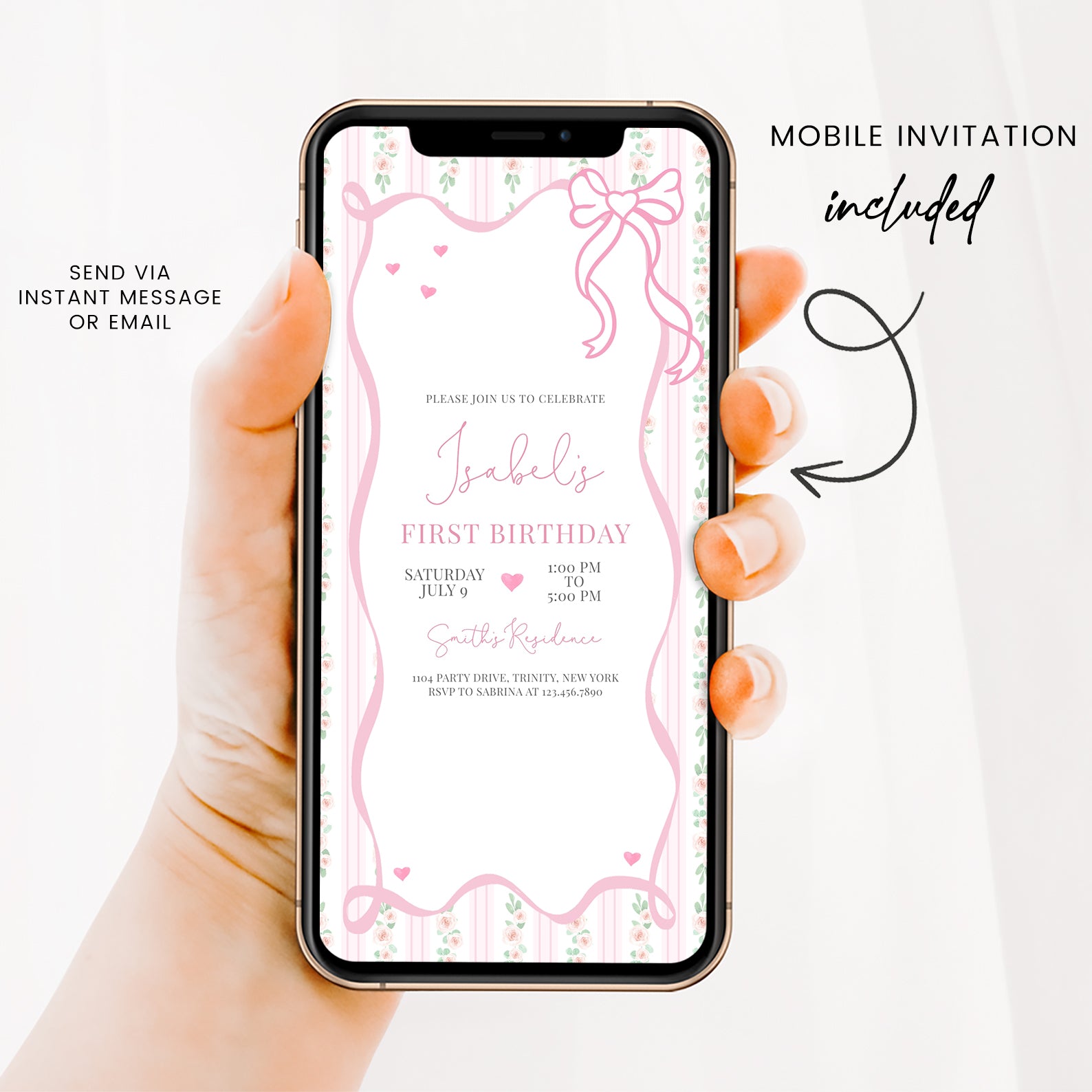 Pink Floral First Birthday Invite: Coquette Ribbon Theme – Blushberrie